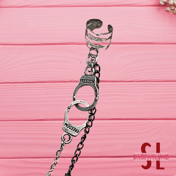 Handcuffs And Key Charms Ear Cuff And Chain Earring - Picture 2 of 5